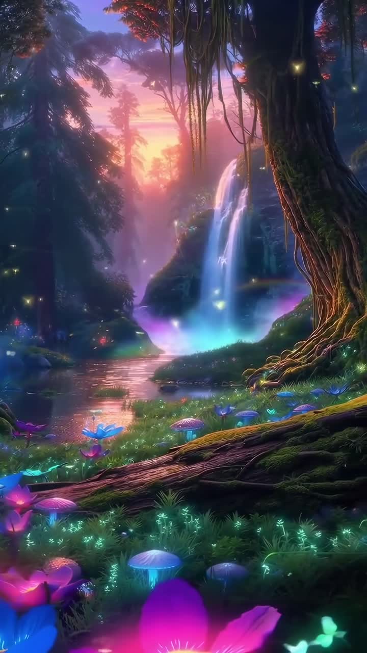 Una scena magica di una foresta con fiori luminosi e una cascata, ripresa in un video verticale con una determinata angolazione