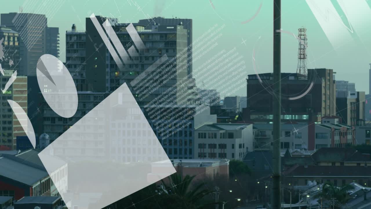 Overlays appearing from left driving skyline and infographic sliding, rotating, showing city data