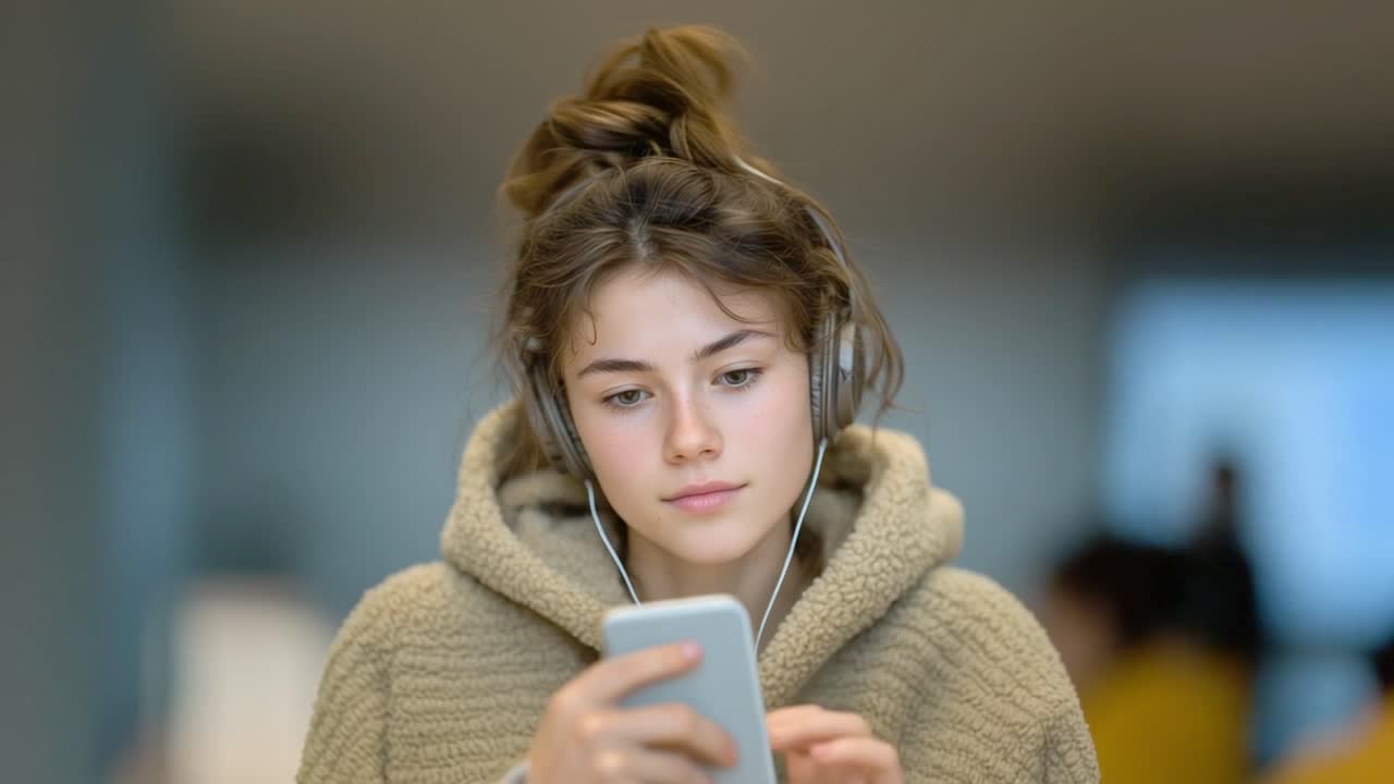 Woman listening to music on her smartphone