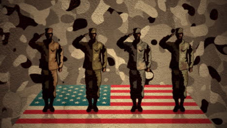 four figures of soldiers saluting over american flag against camouflage background