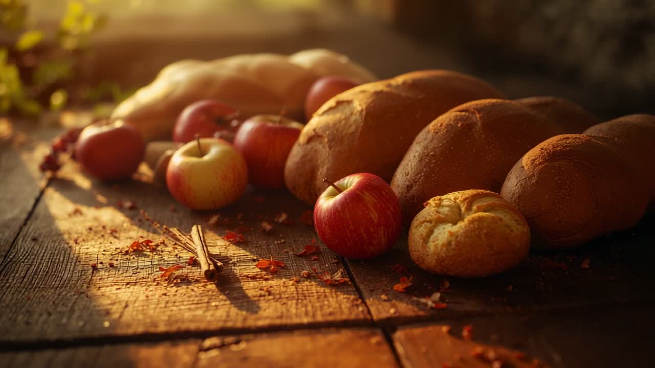 Avvio della registrazione con spostamento della messa a fuoco e dell'angolo della telecamera in cucina con pagnotte, mele, cannella, foglie secche