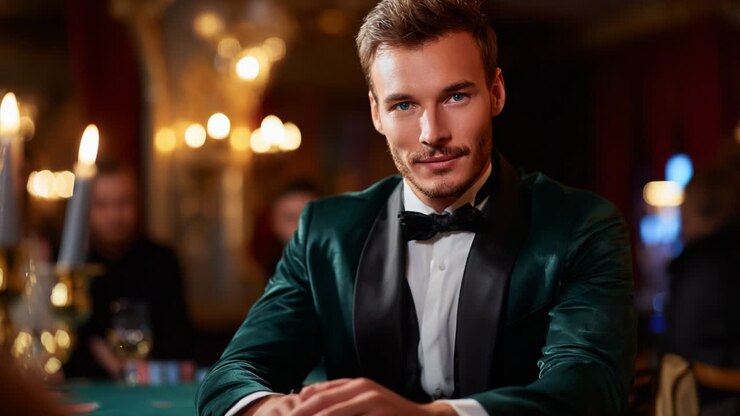 Elegant herre ved et kasinobord som utstråler selvtillit og sjarm, iført en klassisk smoking med en rik fløyelsjakke, som fanger atmosfæren av gambling med høye innsatser og raffinement under mykt stearinlys