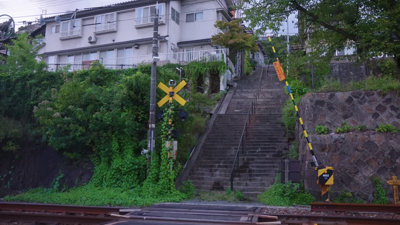Railway Crossing Gate Rising in Small Japanese Town, Onomichi Hiroshima 4k