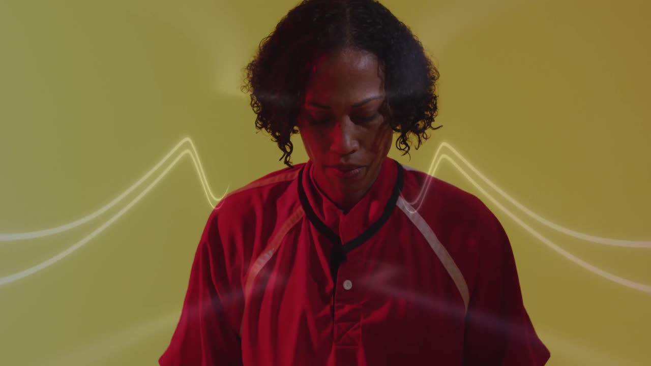 여성 럭비 선수 위에 네온 불빛의 애니메이션