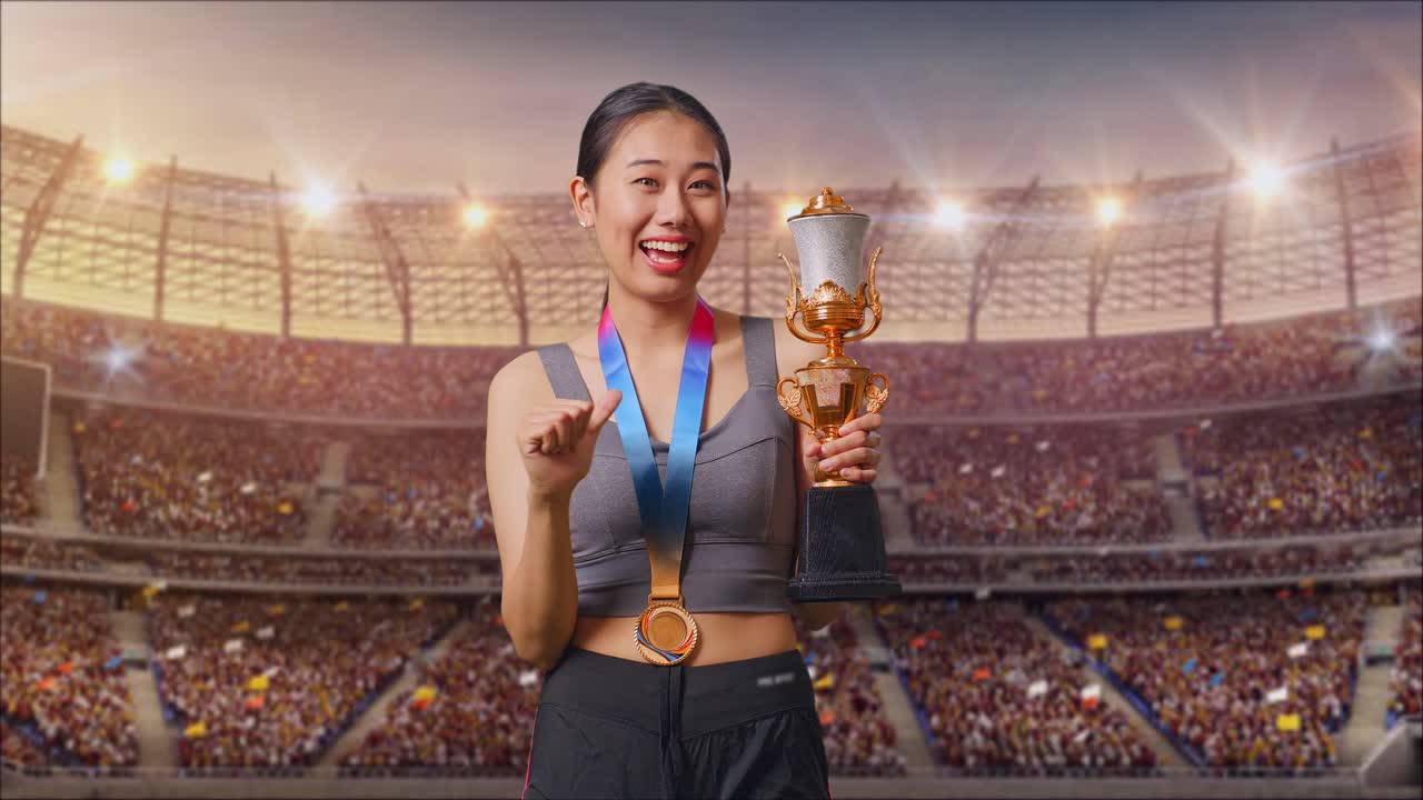 mujer asiática con una medalla de oro mostrando el trofeo de oro a la cámara, sonriendo, y señalándose a sí misma estando orgullosa de ganar como la primera ganadora en el estadio