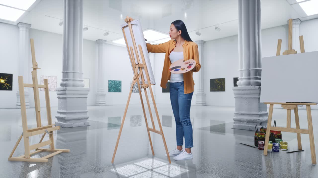 Woman painting in a gallery