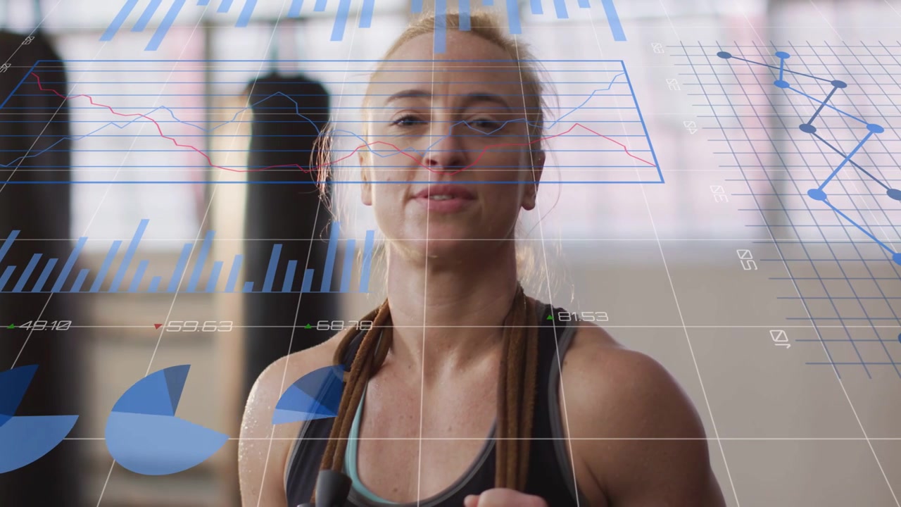 Woman holding jump rope, fitness data overlays appearing, highlighting metrics and tightening frame