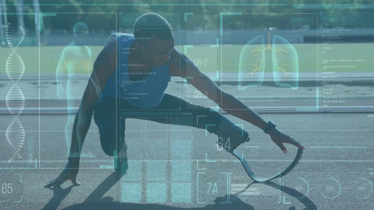 Teen athlete shifting weight on track adjusting carbon blade with HUD lungs DNA HR preparing start
