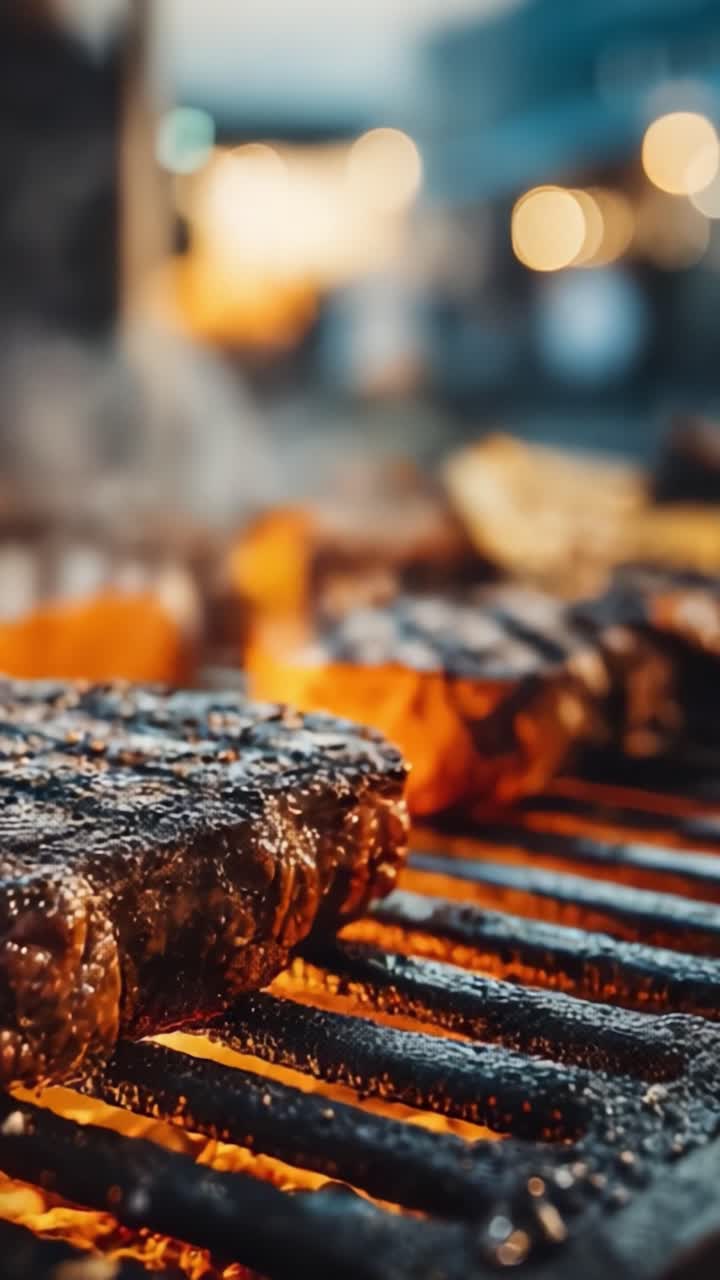 Invitanti bistecche alla griglia che sfrigolano sulla brace con fiamme e fumo in un vivace ambiente barbecue all'aperto, perfetto per un banchetto estivo.