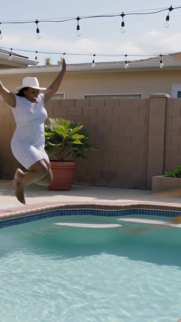 Vertical video: Running woman in white dress and wide hat launching off yard pool edge, cooling off