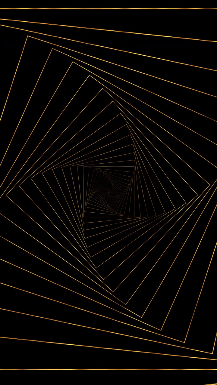 Latar belakang terowongan spiral geometris emas, bingkai garis tipis, perspektif dalam, dan ruang hitam ramping