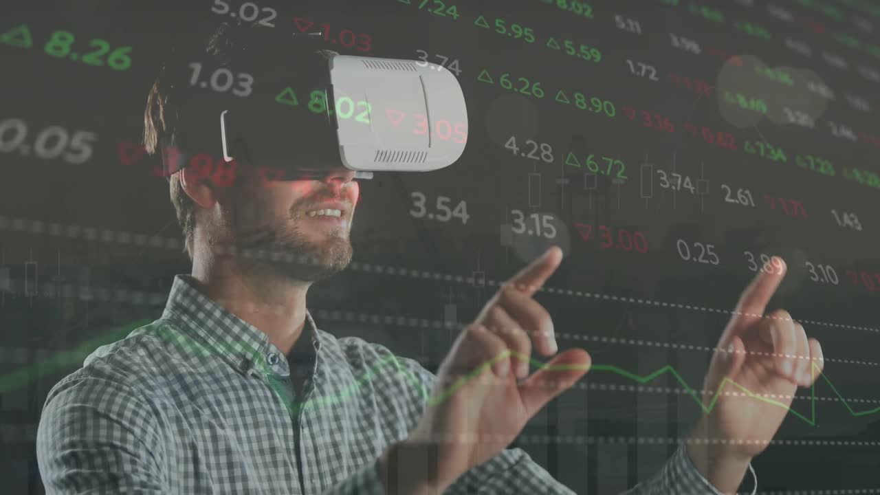 animación del procesamiento de datos financieros sobre un hombre de negocios con auriculares vr