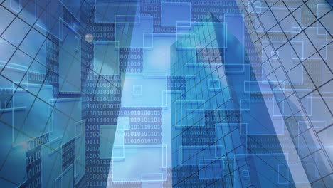 animación de múltiples cuadrados azules con datos e información sobre un paisaje urbano