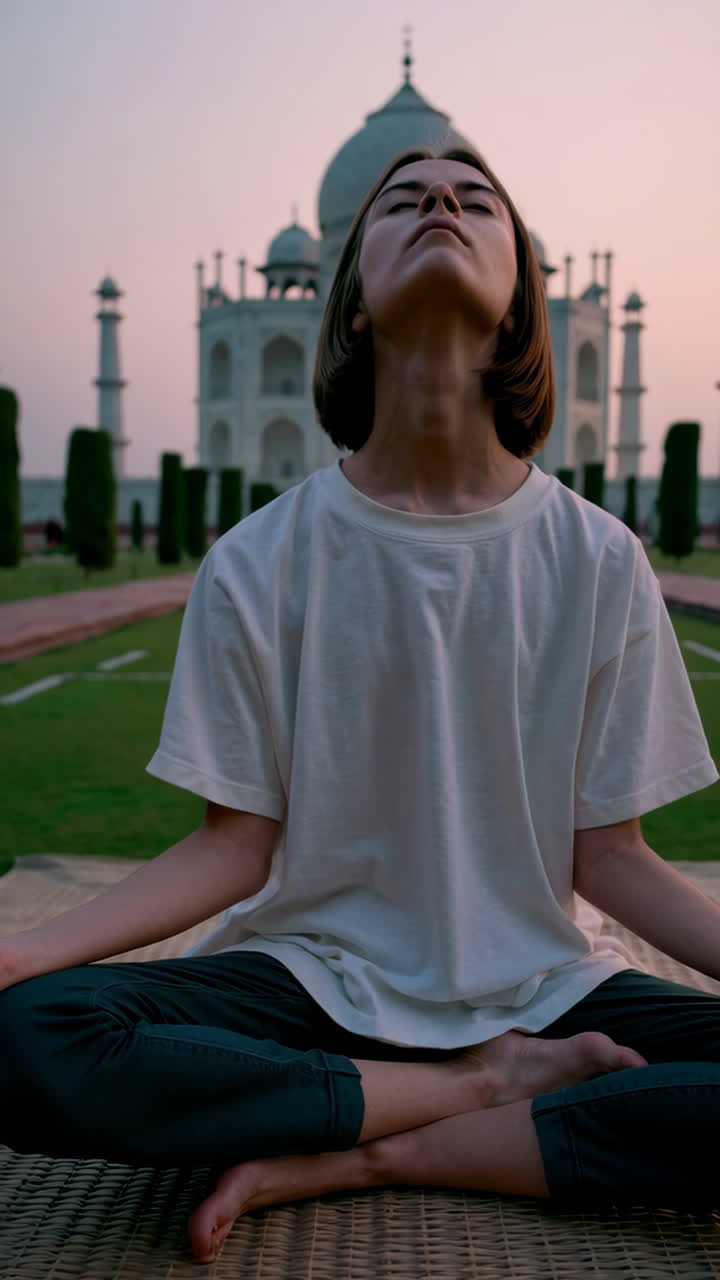 Woman meditating at the Taj Mahal