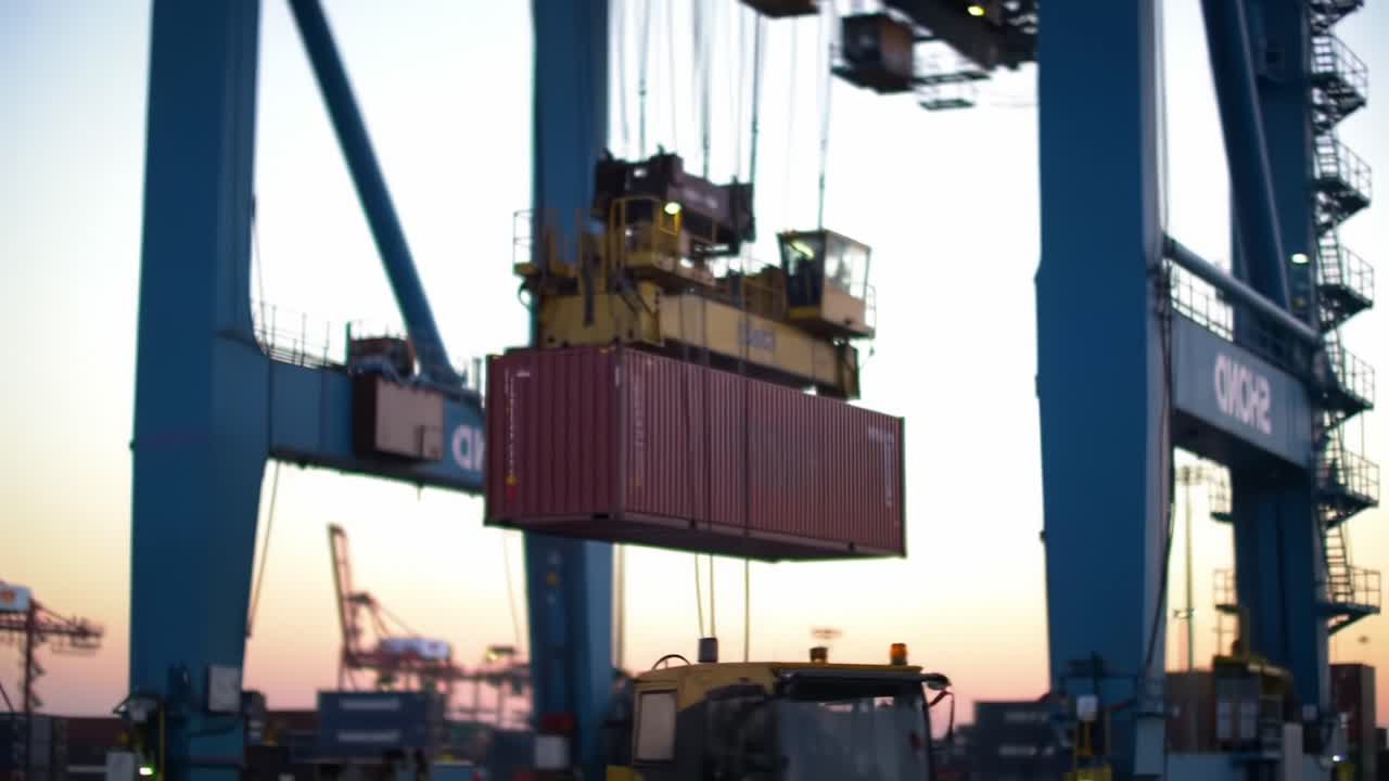 Container being loaded by a crane at a port