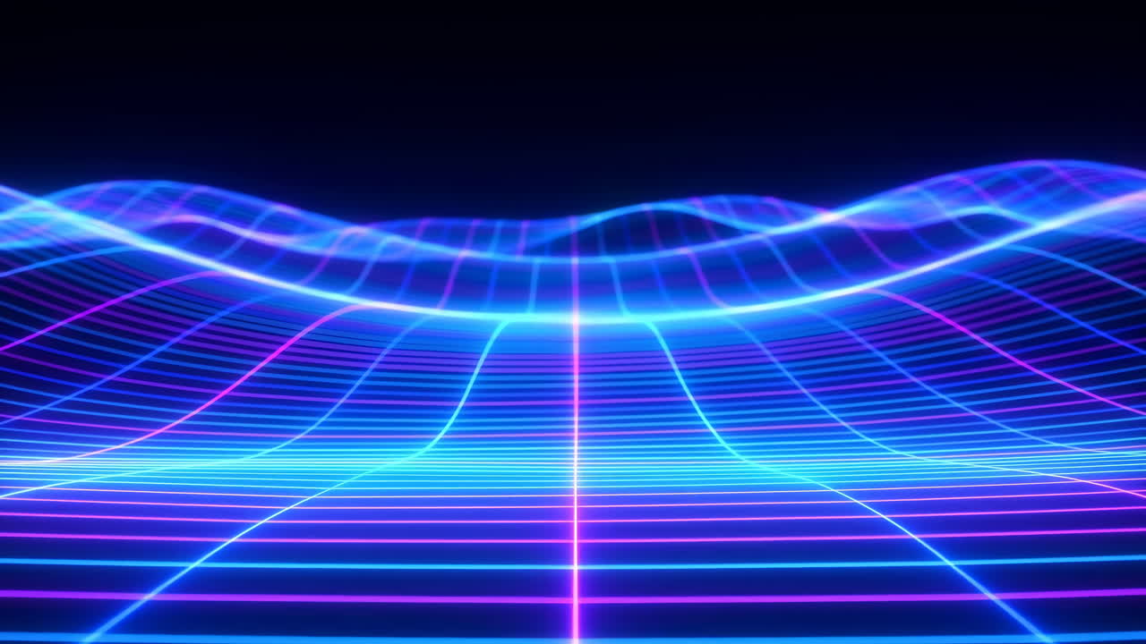 Neon Grid Horizon Glowing Blue Waves, Pulsing Magenta Center Line, Sweeping Undulating Lines Forming Virtual