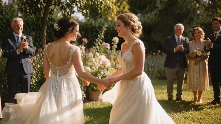 Spinning brides in lace gowns holding hands and smiling in garden after vows, celebrating love