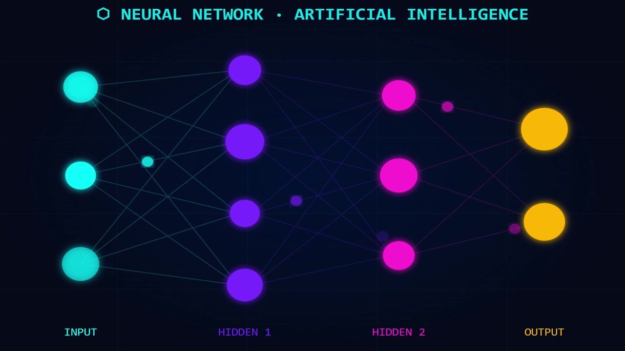 3D render of neural network interface with connected nodes and layers on dark background creating artificial intelligence animation designed for technology visuals and video overlays