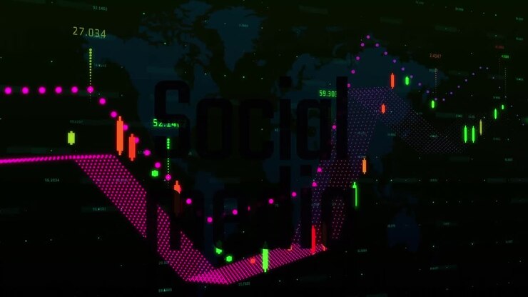 Animation of social media text and graphs moving over black background