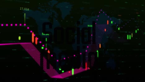 animation of social media text and graphs moving over black background