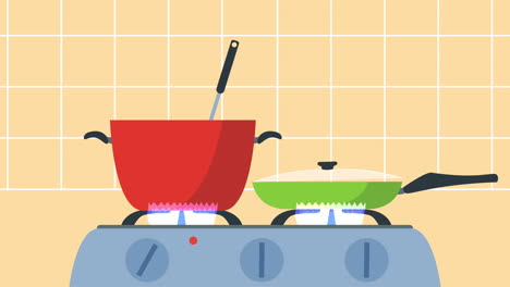 oven with pot and pan cooking animation