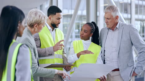 people, architect and blueprint in meeting