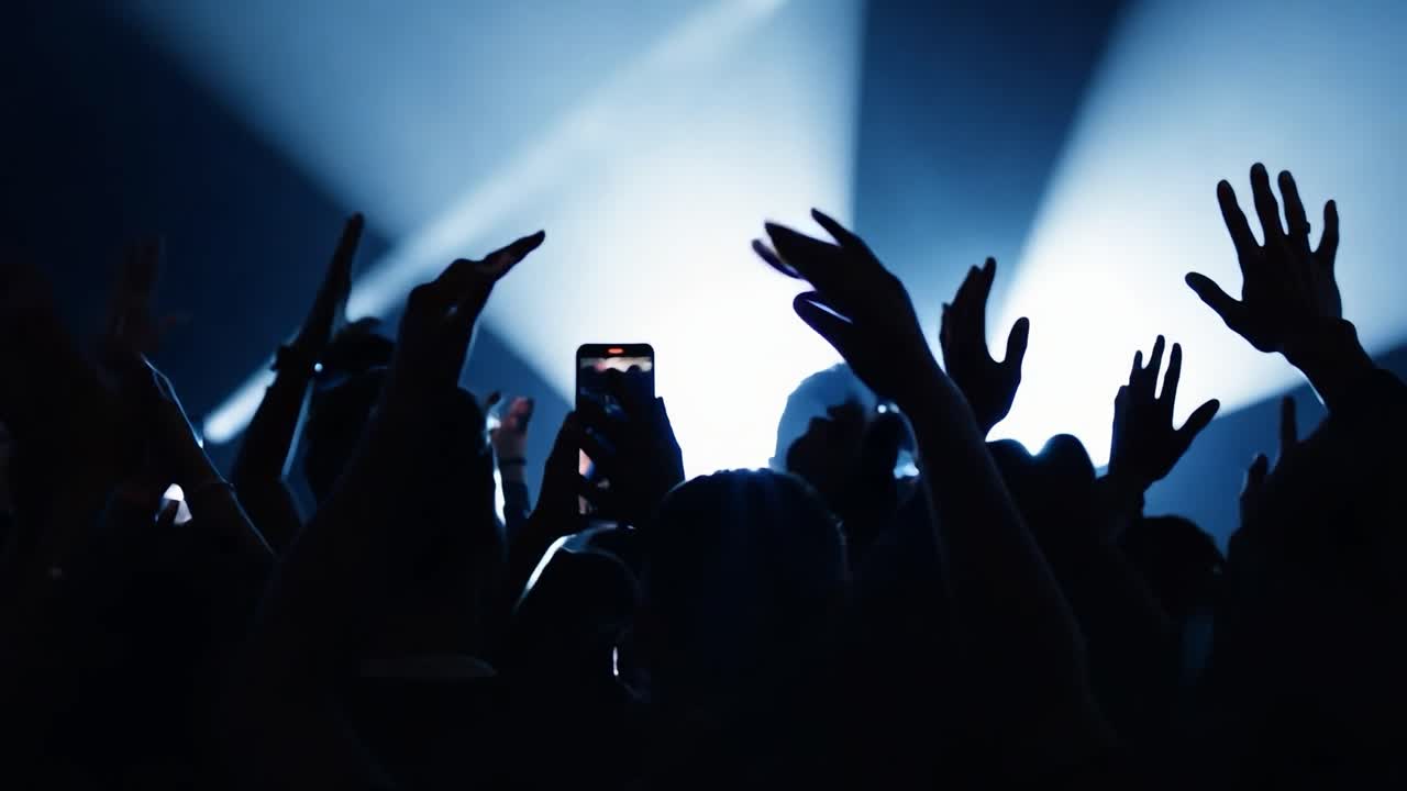 Audience members wave their hands in the air, celebrating the energy and excitement of a live music performance