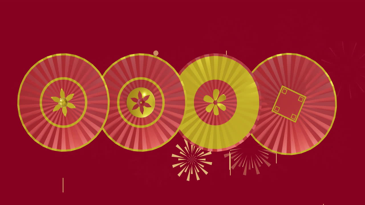 Animation of red and yellow circles with shapes over fireworks on red background