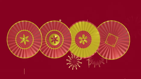 animation of red and yellow circles with shapes over fireworks on red background