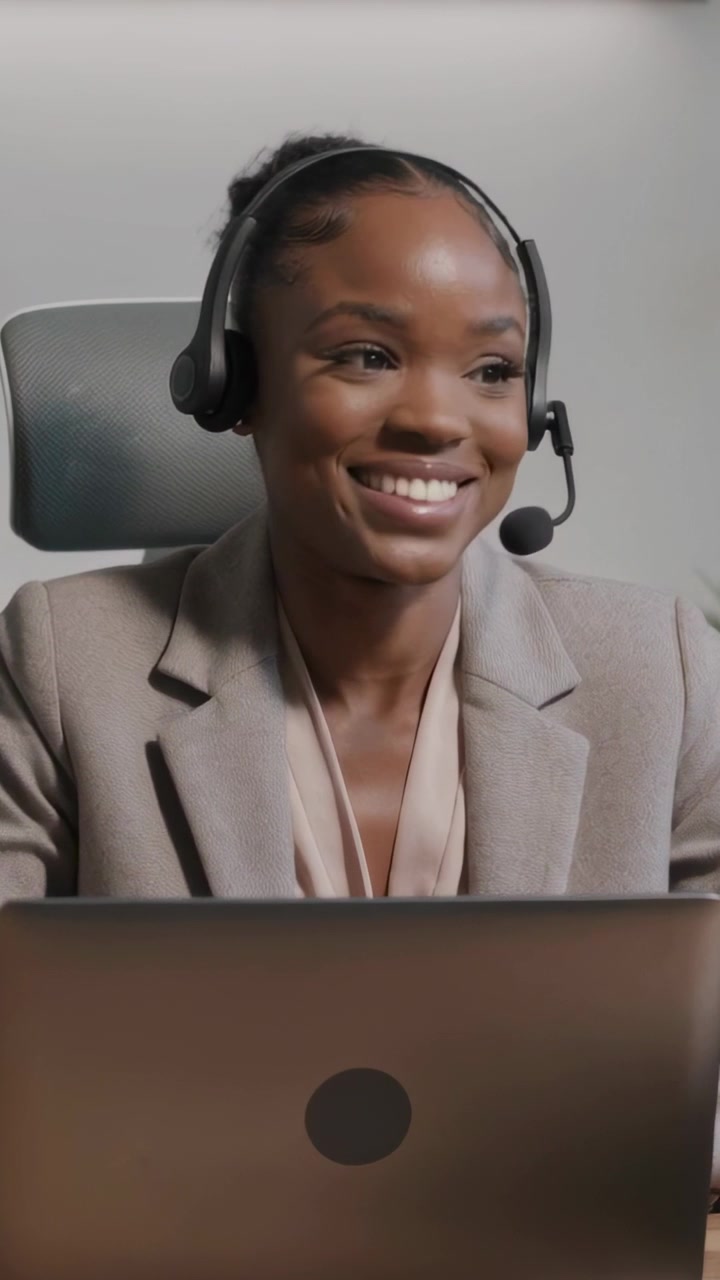 Video verticale: Donna sorridente in blazer con cuffie che reagisce dopo che l'interlocutore parla alla scrivania vicino al laptop