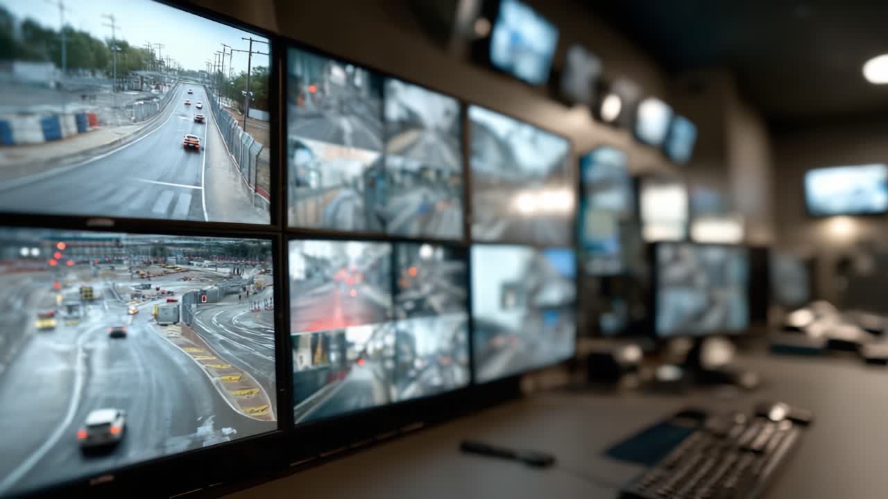 監視センターのダッシュボード：複数の画面で交通状況を監視し、都市の道路活動と歩行者の安全をリアルタイムで表示。