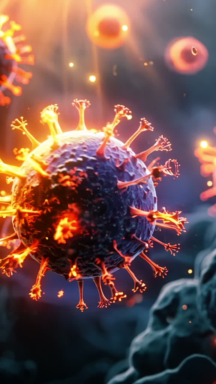 A bunch of glowing viruses are floating in the air. The viruses are orange and yellow, and they are surrounded by a blue background. The scene is chaotic and unsettling
