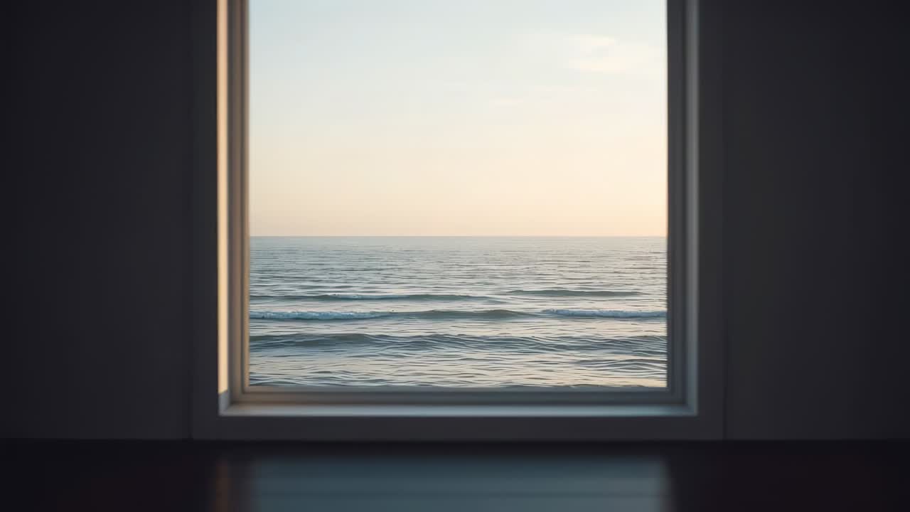 Widening camera revealing open sea through rectangular window frame, showing horizon and warm sky