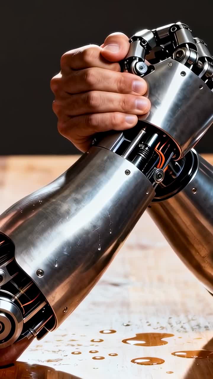 Vertical video: Approaching human hand gripping metal robotic forearm on workbench, checking wrist