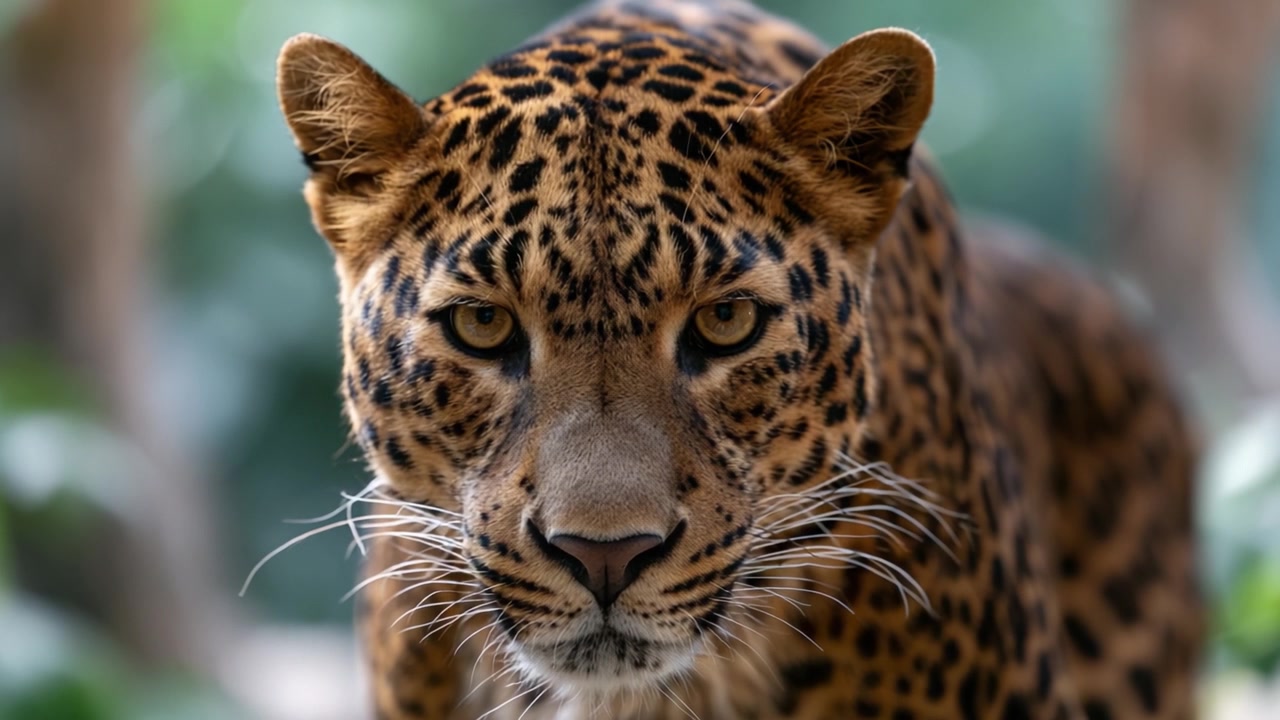 Görkemli Bir Leoparın Büyüleyici Manzarası: Yemyeşil Bir Ortamda Çarpıcı Özelliklerinin ve Yoğun Bakışlarının Yakın Çekim Keşfi