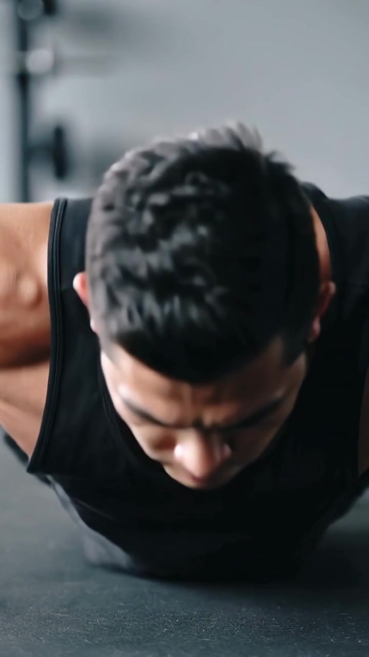 Vertical video: Opening top-down showing Asian man doing pushups on gym floor wearing black tank