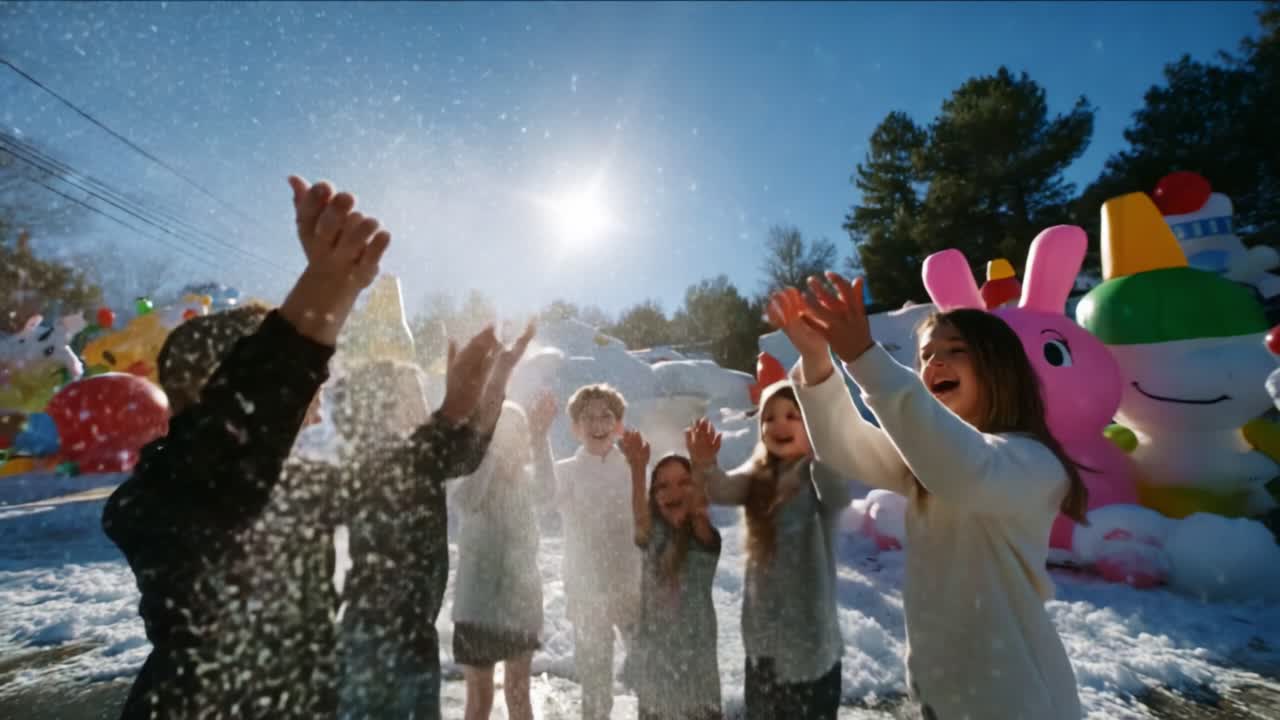 Joyful Children Celebrating Outdoors with Snow and Colorful Decorations, Spreading Laughter and Happiness, Amidst Bright Sunlight and Cheerful Atmosphere of Winter Fun