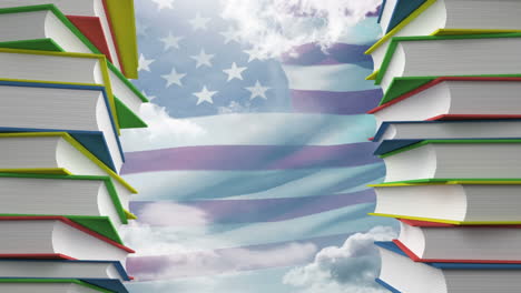 bandera estadounidense y libros escolares