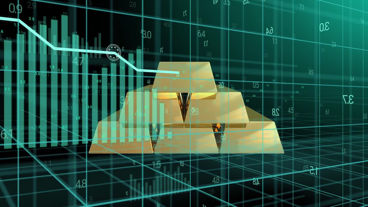 Animation of financial data processing over gold bullions