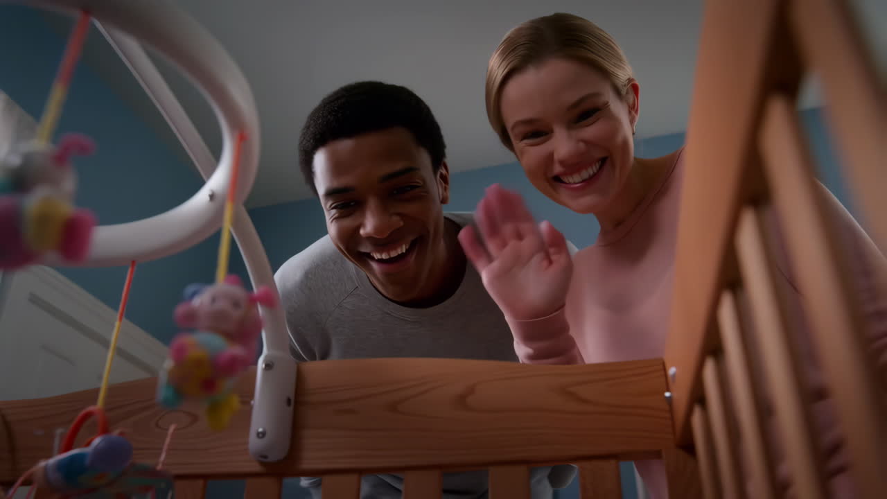 Happy Parents Looking at Their Baby in a Crib