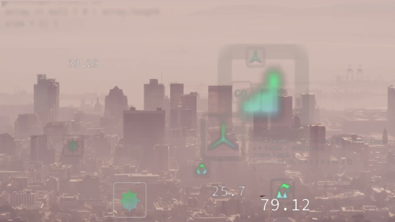 도시 풍경에서 생태 아이콘과 금융 데이터 처리의 애니메이션