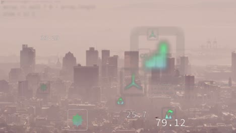 animation of eco icons and financial data processing over cityscape