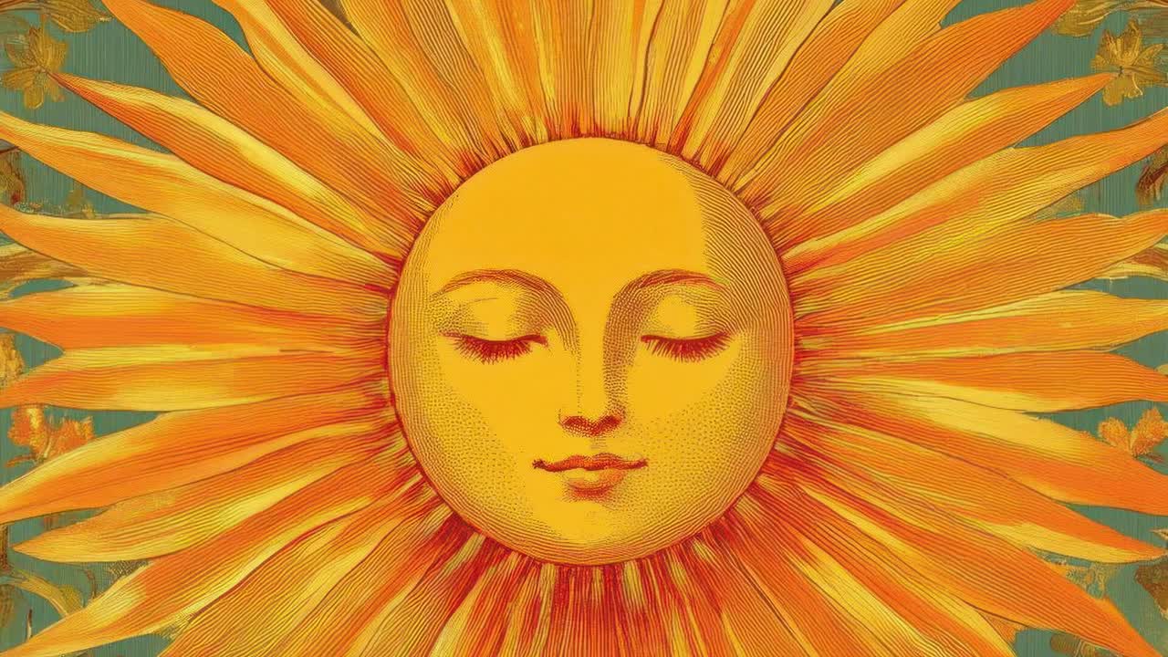 Vibrant video concept featuring a sun with a serene face, surrounded by intricate floral patterns