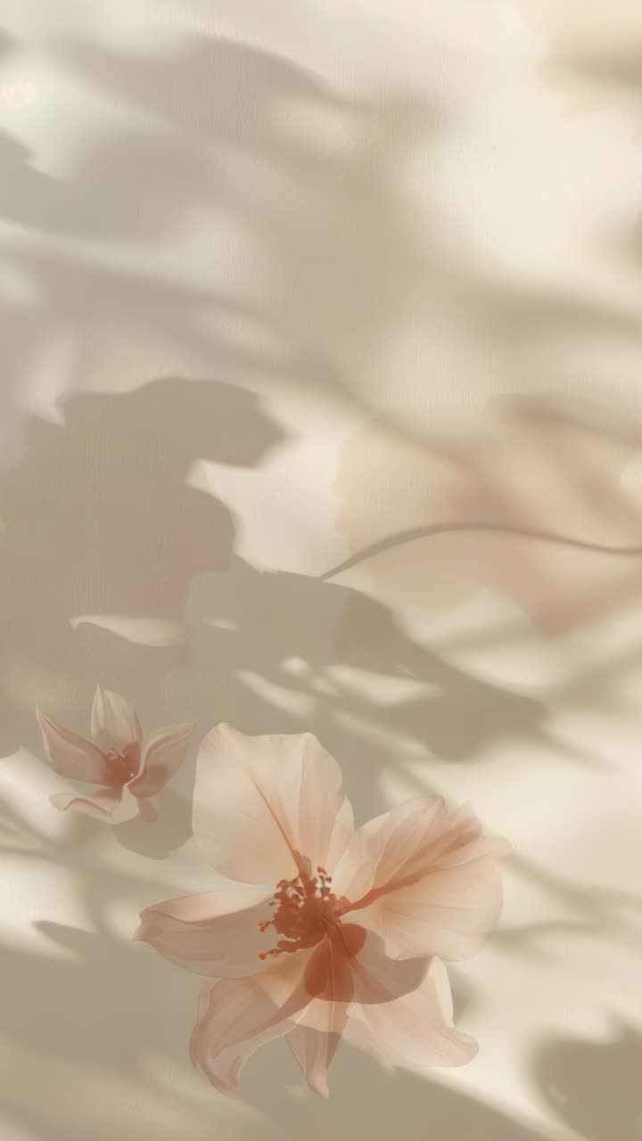 Video verticale: sole che si sposta proiettando ombre di foglie su una parete beige chiaro, illuminando fiori e boccioli di pesco