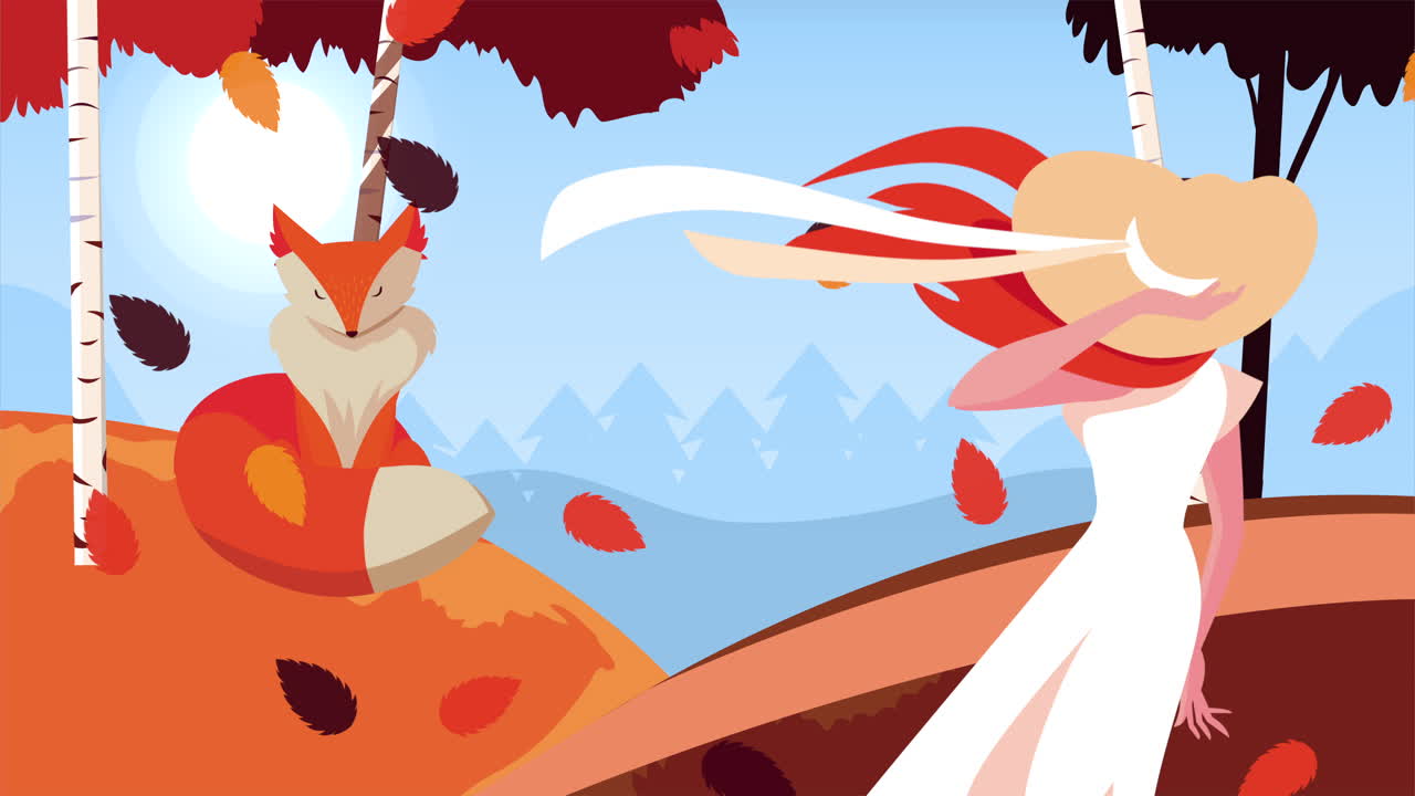 여우 와 여자 와 함께 하는 가을 장면