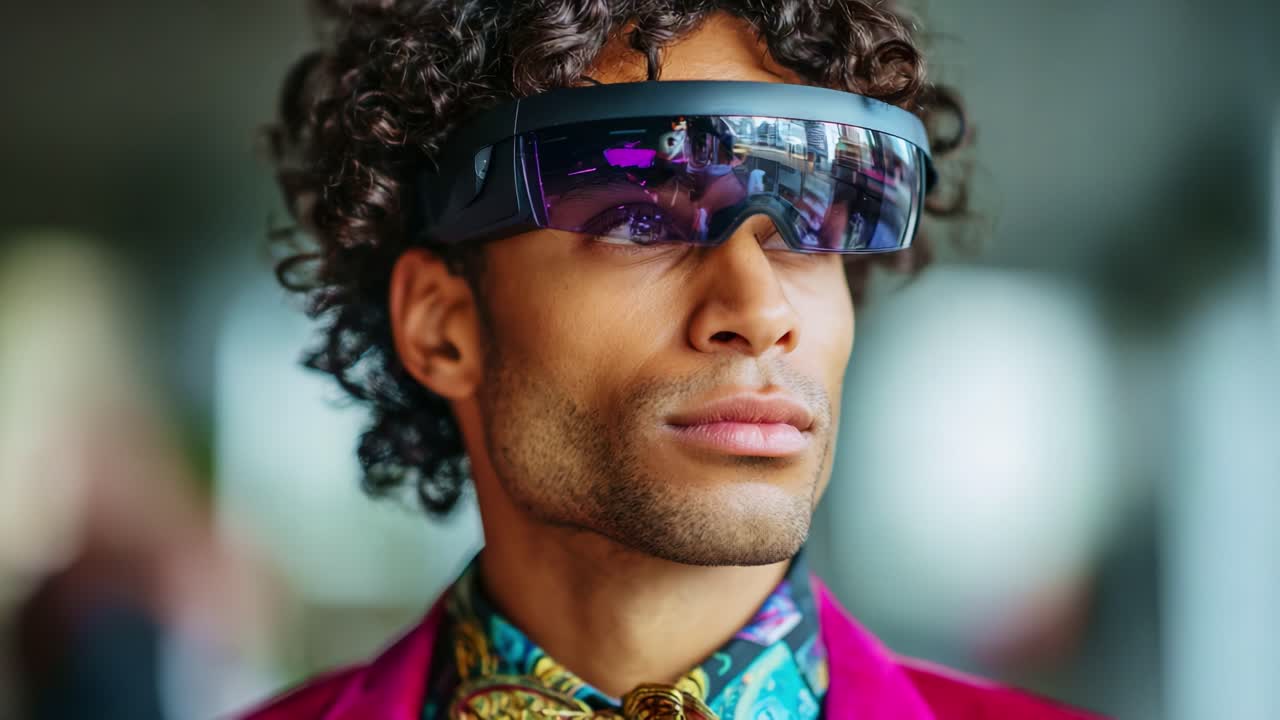 Persona elegante che indossa occhiali smart, mostrando le ultime tendenze della moda e la tecnologia innovativa in un ambiente urbano vivace e coinvolgente