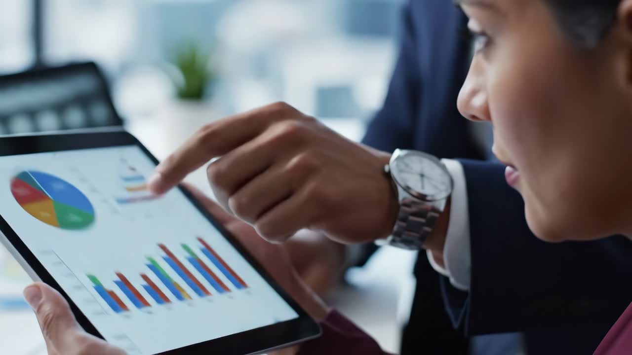 Business professionals analyzing data on a tablet