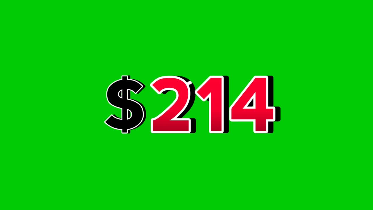 Animation number $214 dollar sign motion graphics with smoke effect green screen background vibrant red numbers. Video 3D effect with shadows for video elements business concept