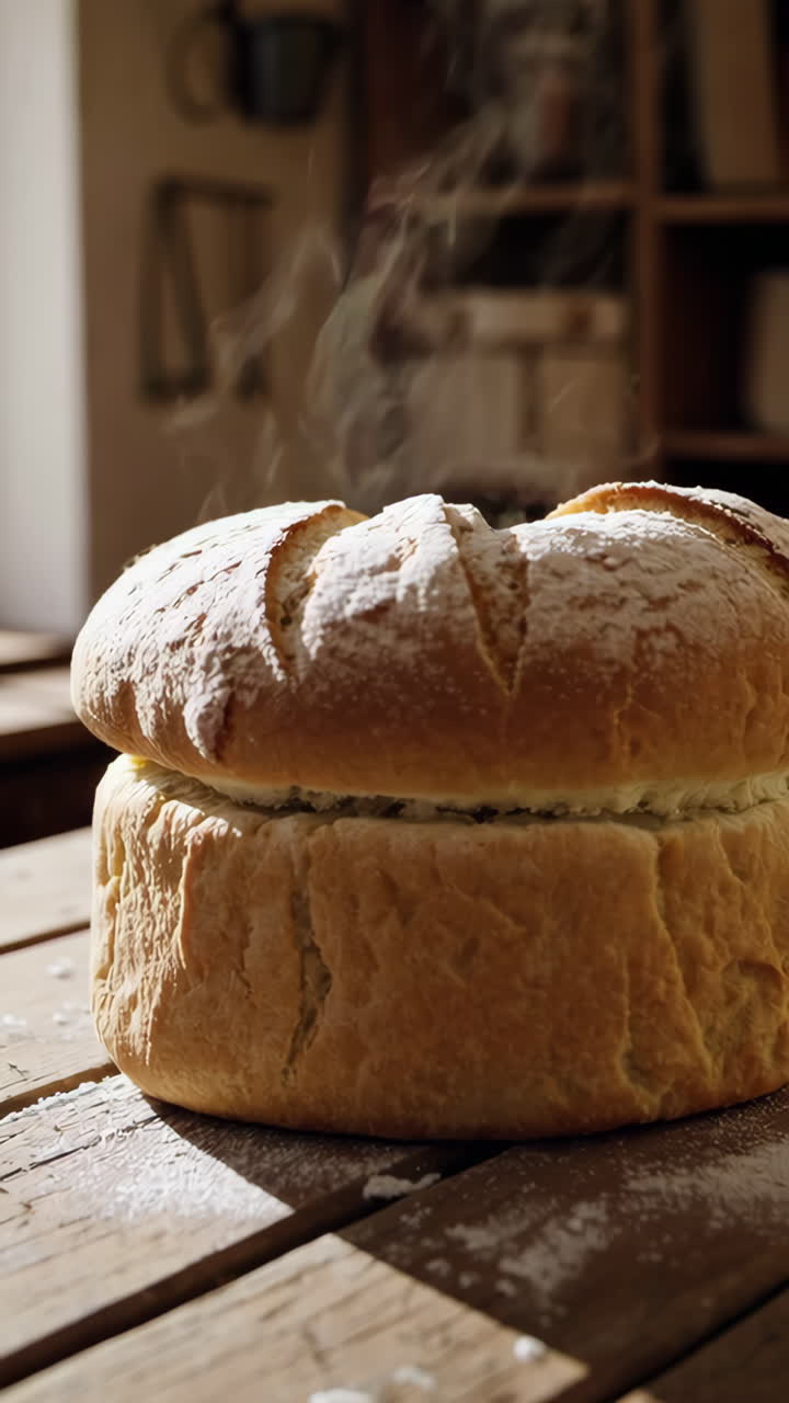 Freshly Baked Bread on Wooden Table