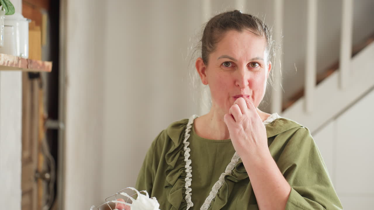 Woman in green ruffled gown testing white whipped dough on electric mixer whisk inside bright home kitchen, looking at camera with gentle smile